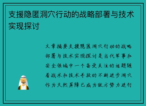 支援隐匿洞穴行动的战略部署与技术实现探讨